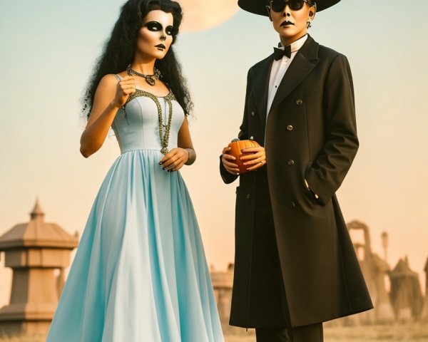Couple in Graveyard at Dusk with Full Moon and Pumpkins