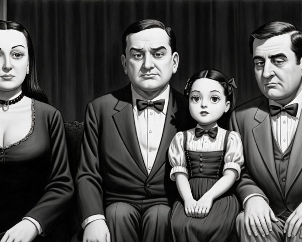 Gothic Family Portrait in Black-and-White Illustration