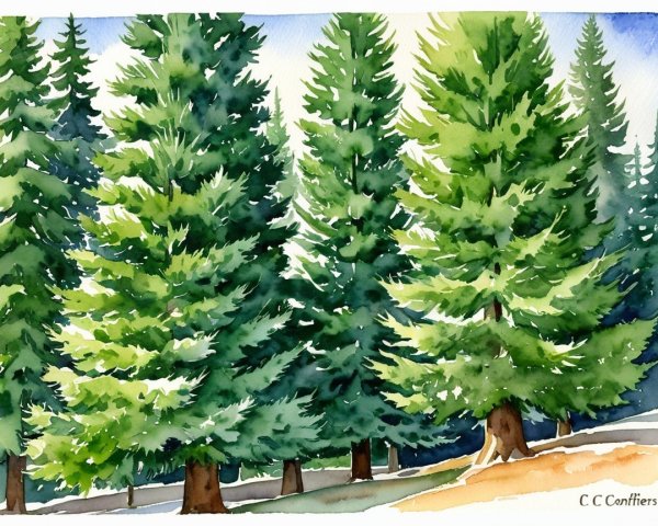 Lush Forest Watercolor with Evergreen Trees and Sunlight