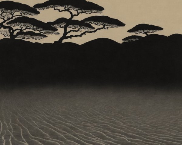 Serene Landscape with Stylized Trees and Gentle Hills