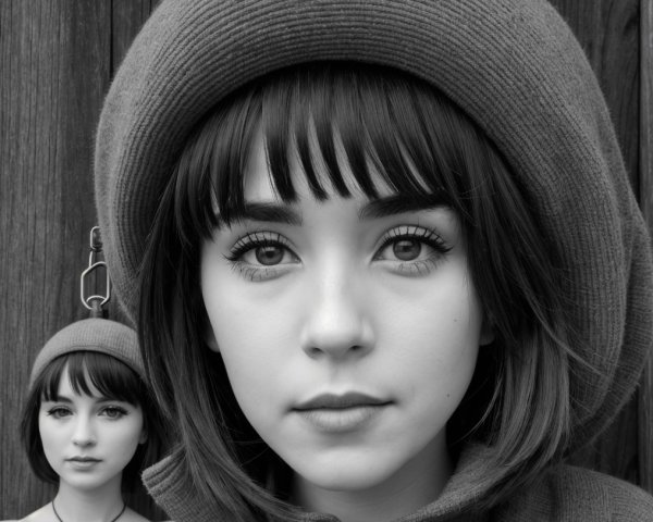 Black-and-white portrait of a young woman with hat