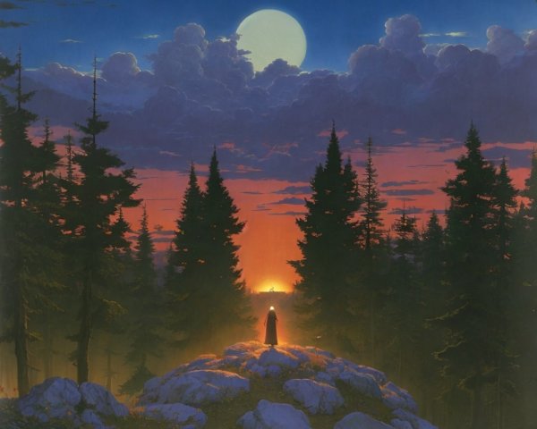 Twilight Scene with Figure and Candle in Nature