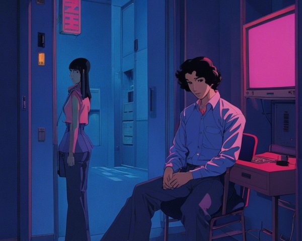 Contemplative Figures in a Dimly Lit Modern Room