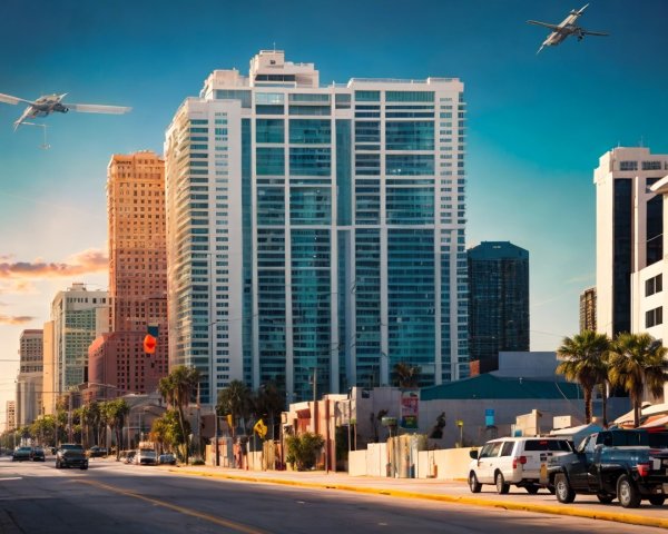 Modern Cityscape with Skyscrapers and Vibrant Sky