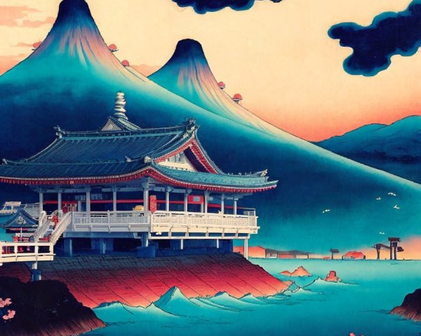Japanese Ukiyo-e Style Artwork of Temple and Mountains