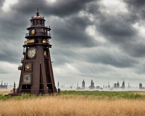 Intricately Designed Clock Tower in Golden Grassland