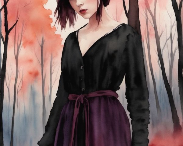 Young woman in misty forest with autumn leaves