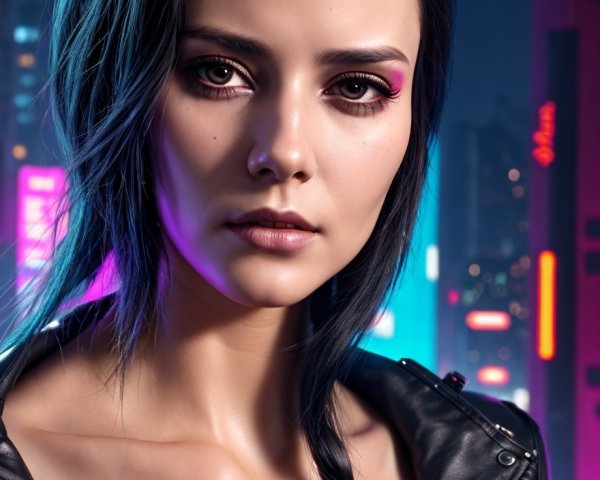Young Woman in Leather Jacket Against Neon Cityscape