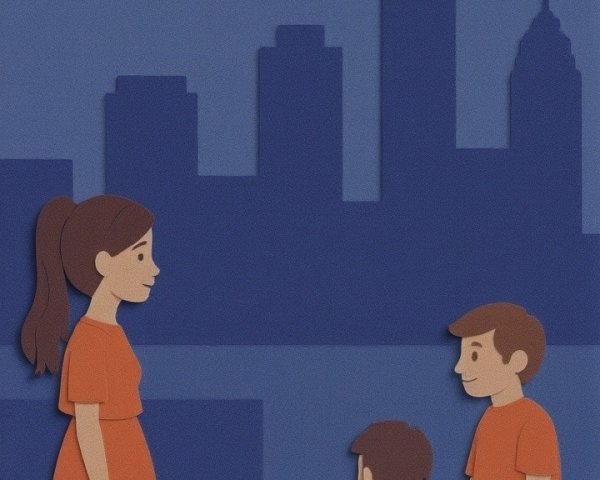 Illustration of a woman and two boys in a city skyline