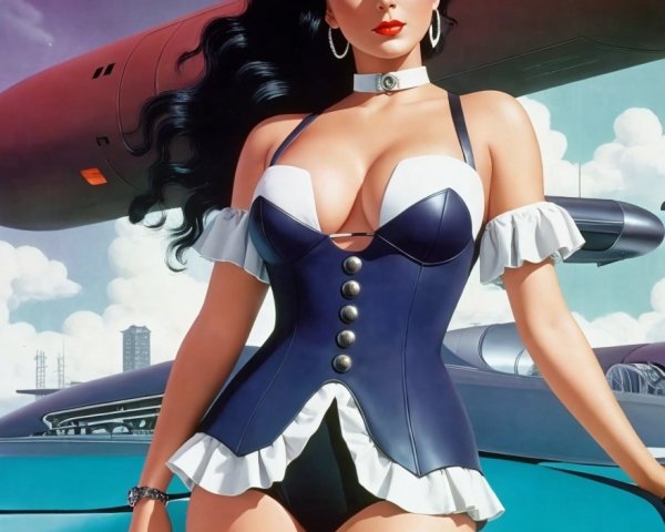 Glamorous Woman in Corset Outfit with Futuristic Vehicle