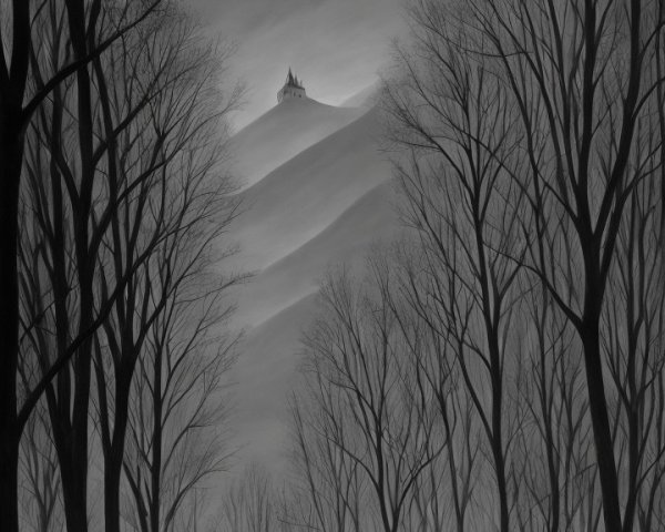 Cloaked Figures in Snowy Black-and-White Forest Scene