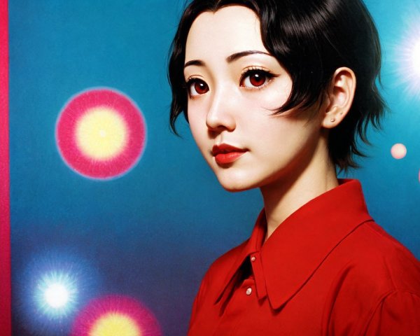 Portrait of a woman with red lips and vibrant shirt