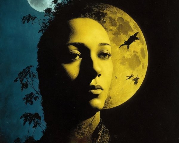 Silhouette of Woman's Face Merging with Full Moon