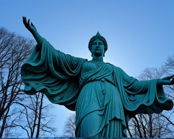 Turquoise Statue with Outstretched Arms Under Blue Sky