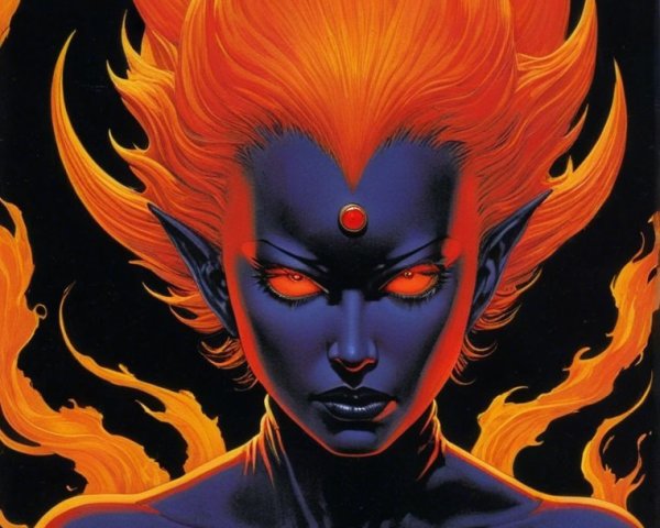 Fierce female character with flame-like hair and glowing eyes
