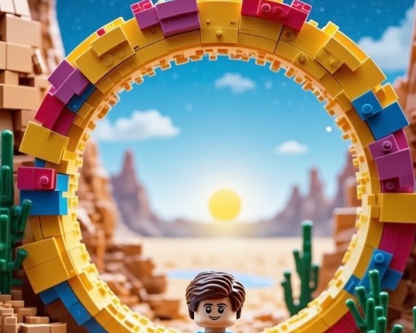 Lego Landscape with Colorful Cars and Cosmic Scene