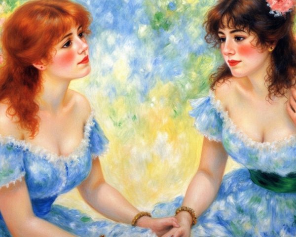 Two Women in Blue Dresses in a Rose Garden