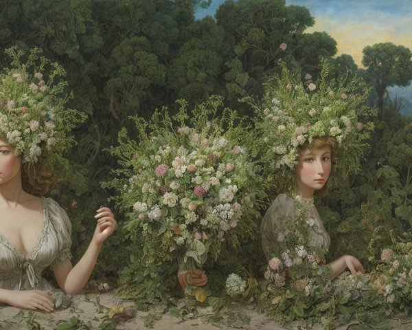 Hyperrealistic Oil Painting of Women with Floral Hair