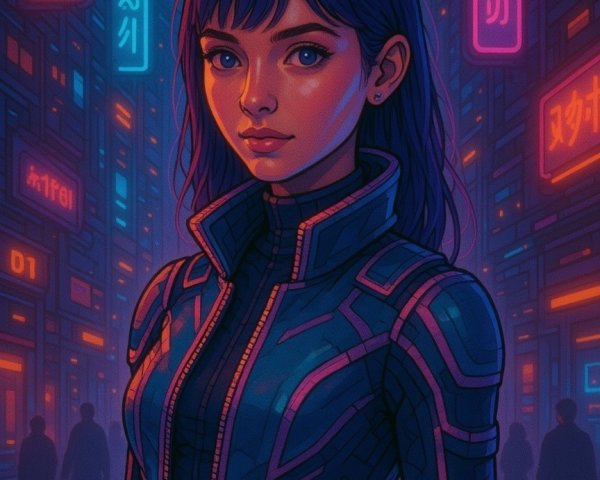 Young Woman in Futuristic Cyberpunk Setting