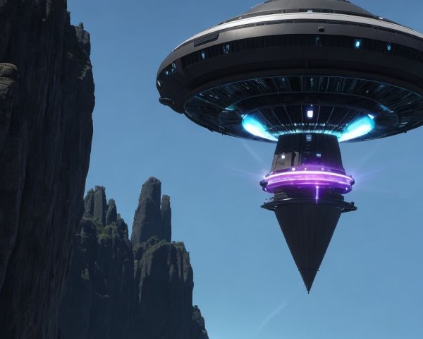 Futuristic spaceship above rugged landscape with cliffs
