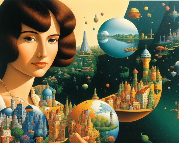 Surreal Landscape with Serene Woman and Floating Orbs