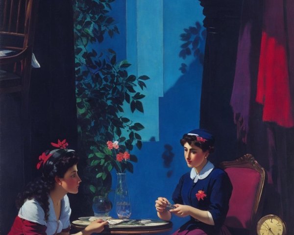 Two Women in Conversation at a Dimly Lit Table