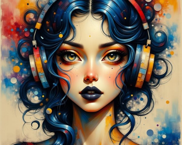 Portrait of a Young Woman with Blue Hair and Headphones