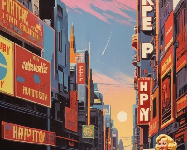Vibrant City Street Scene at Sunset with Retro Elements