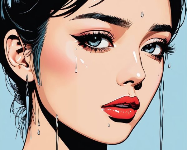 Portrait of a Young Woman with Glossy Eyes and Teardrops