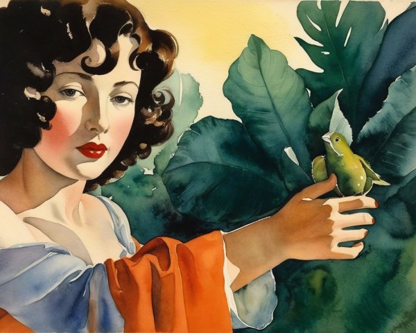 Young Woman with Curly Hair and Green Bird in Nature