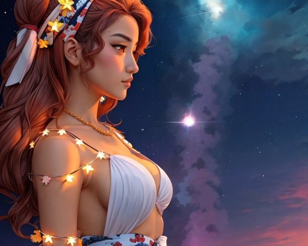 Young Woman in Flowing Dress Under Starry Sky
