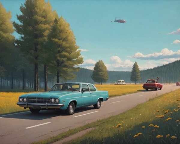 Blue Vintage Car on a Scenic Road with Nature