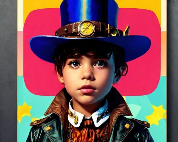 Child in Blue Hat with Clock and Feather Details