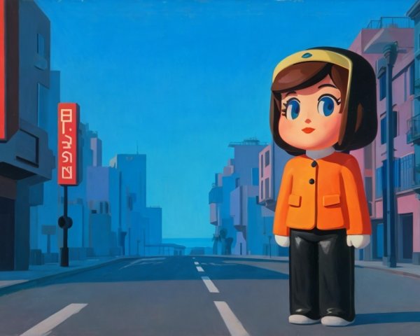 Vibrant Urban Scene with Cartoon Character in Street