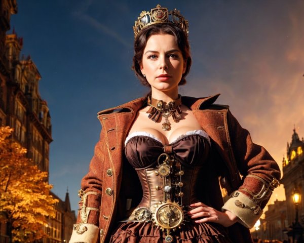 Steampunk Woman in Vintage Cityscape Setting