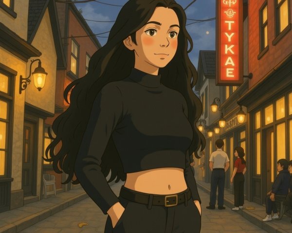 Woman in Black Attire on Cobblestone Street at Night