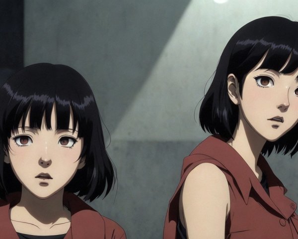 Two characters in matching red outfits in dim light