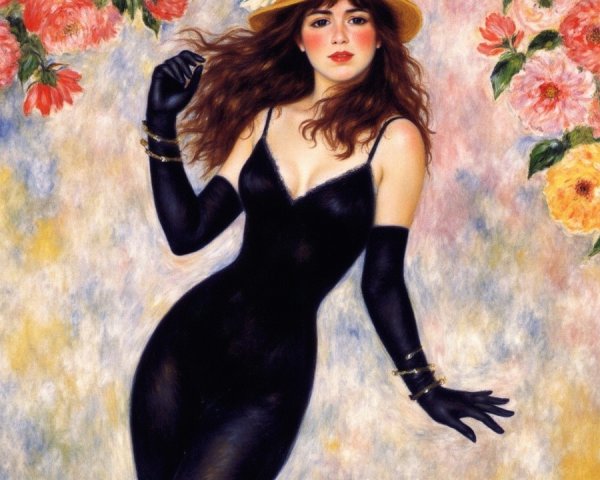Glamorous Woman in Black Outfit Among Vibrant Flowers