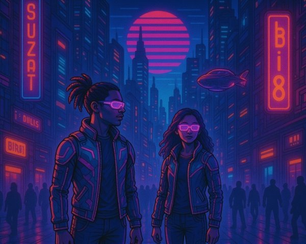 Cyberpunk Cityscape with Stylish Figures and Neon Lights