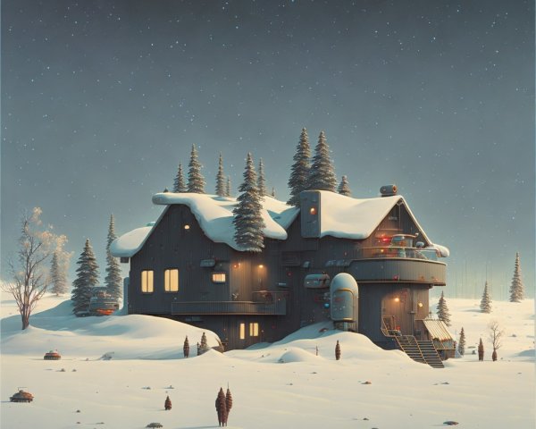 Modern Home in Snowy Landscape with Evergreen Trees