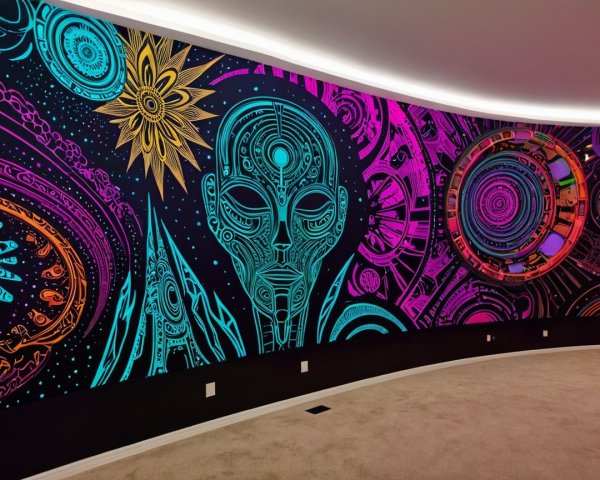 Vibrant Cosmic Mural with Neon Colors and Designs