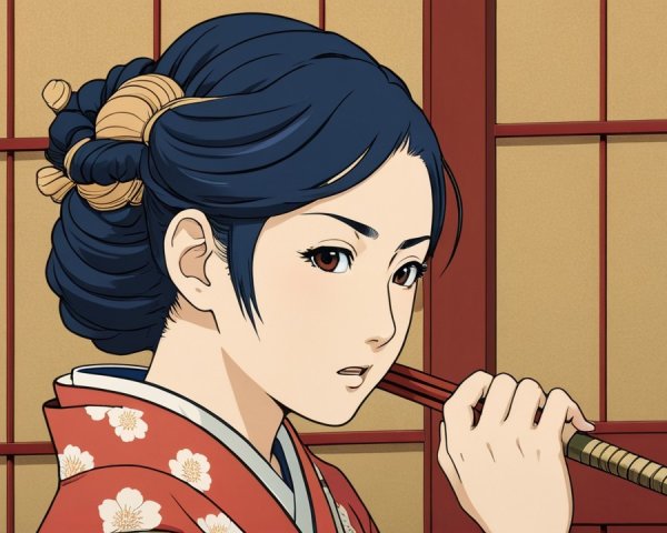 Young Woman in Traditional Japanese Kimono with Hairpins
