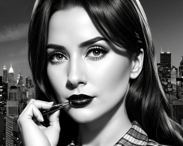 Black-and-white portrait of a woman with bold makeup