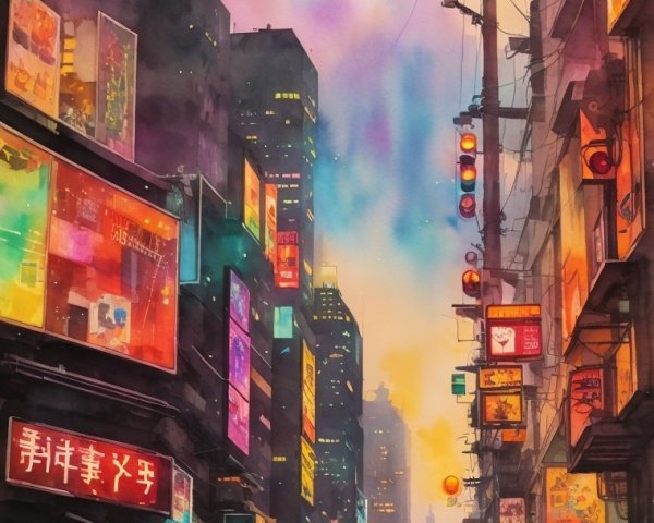 Vibrant City Scene at Dusk with Neon Lights