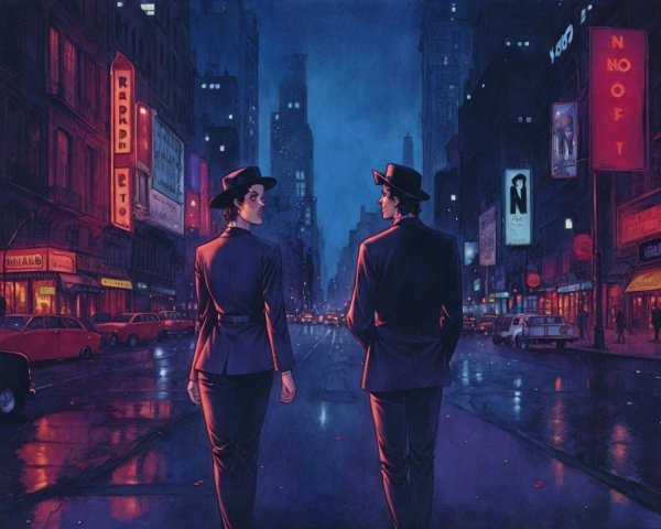Neon-Lit Cityscape with Figures in Black Outfits