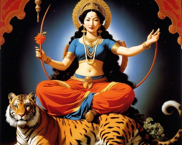 Divine Figure on Tiger in Vibrant Traditional Attire