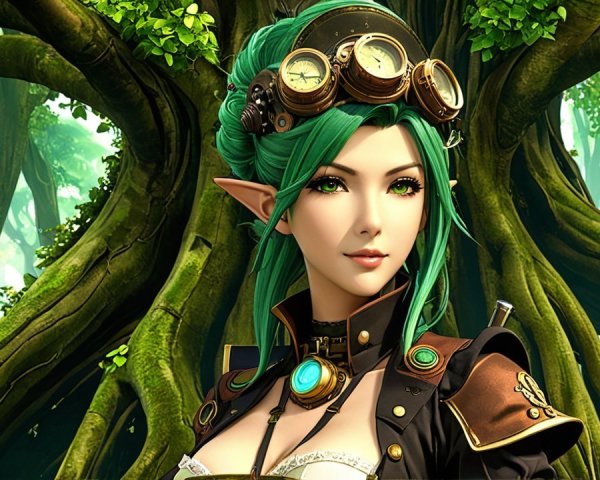 Fantastical female character in steampunk attire
