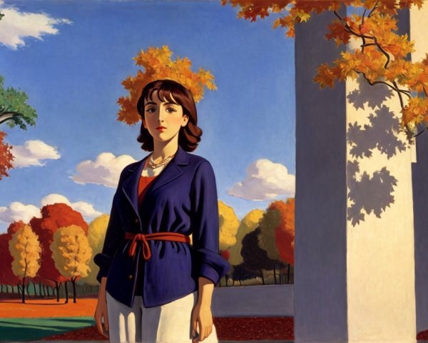 Young Woman in Vibrant Autumn Landscape Painting