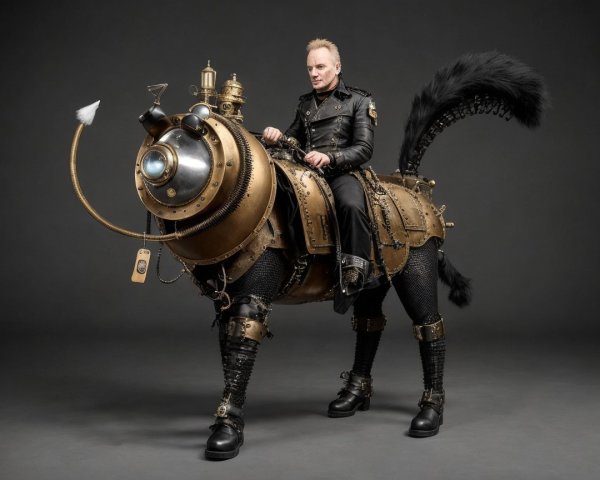 Steampunk Rider on Mechanical Feline in Fantasy Scene