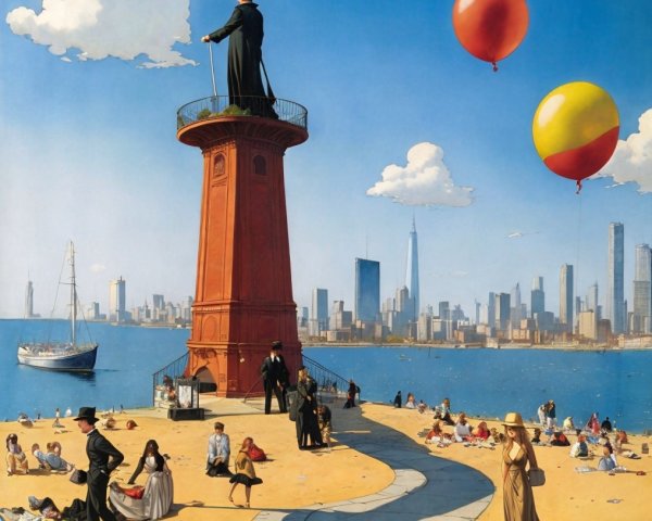 Surreal Scene with Towering Figure at Lighthouse